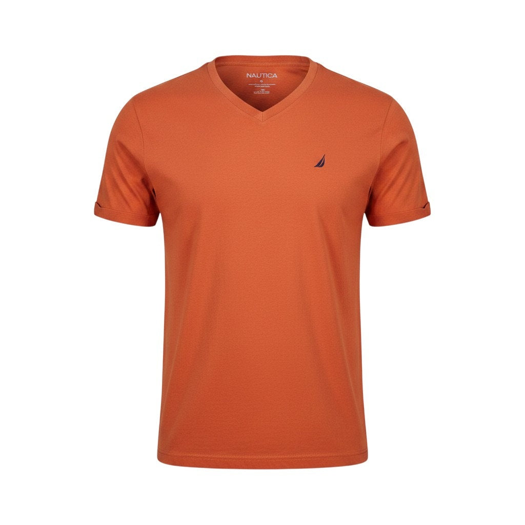 Nautica Men's T-Shirt XL Orange V-Neck Short Sleeve Logo Casual Tee