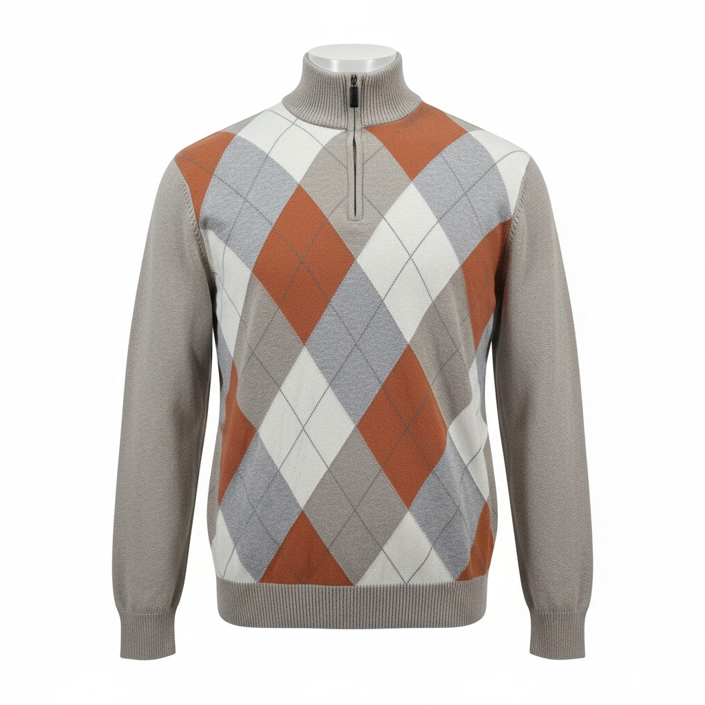 Old Navy Mens XL Argyle Quarter Zip Sweater Tan Orange Gray Mock Neck Preppy