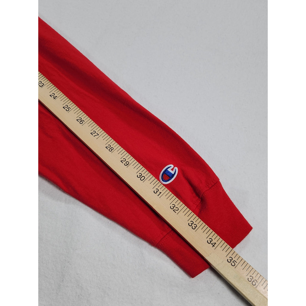 Champion Men's Long Sleeve T Shirt XL Red Script Logo Graphic Crew Neck Tee