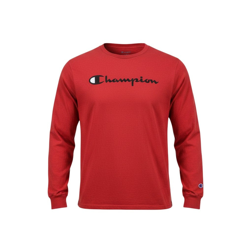 Champion Men's Long Sleeve T Shirt XL Red Script Logo Graphic Crew Neck Tee