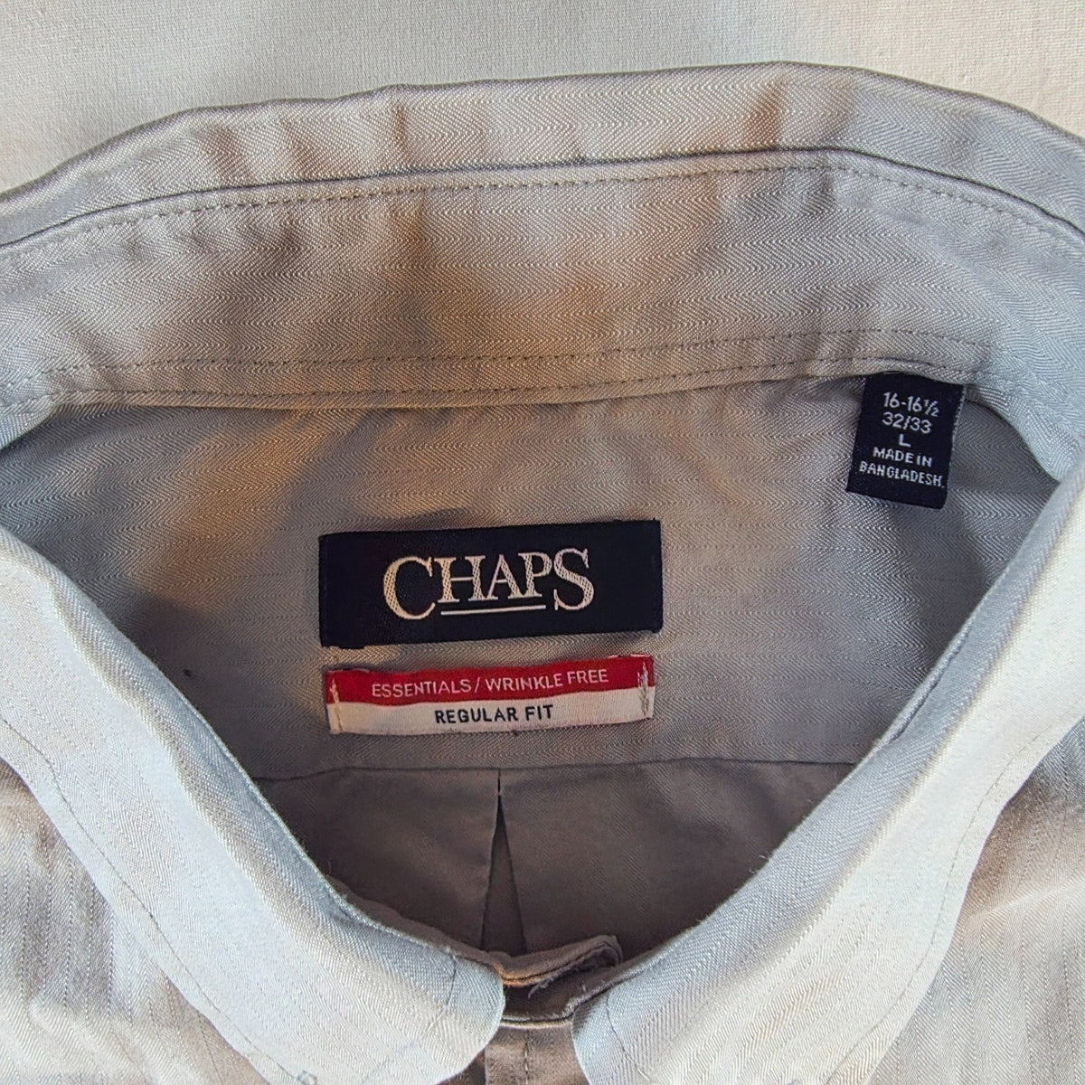 Chaps Mens Gray Herringbone Dress Shirt L 16-16.5 32/33 Wrinkle Free Regular Fit