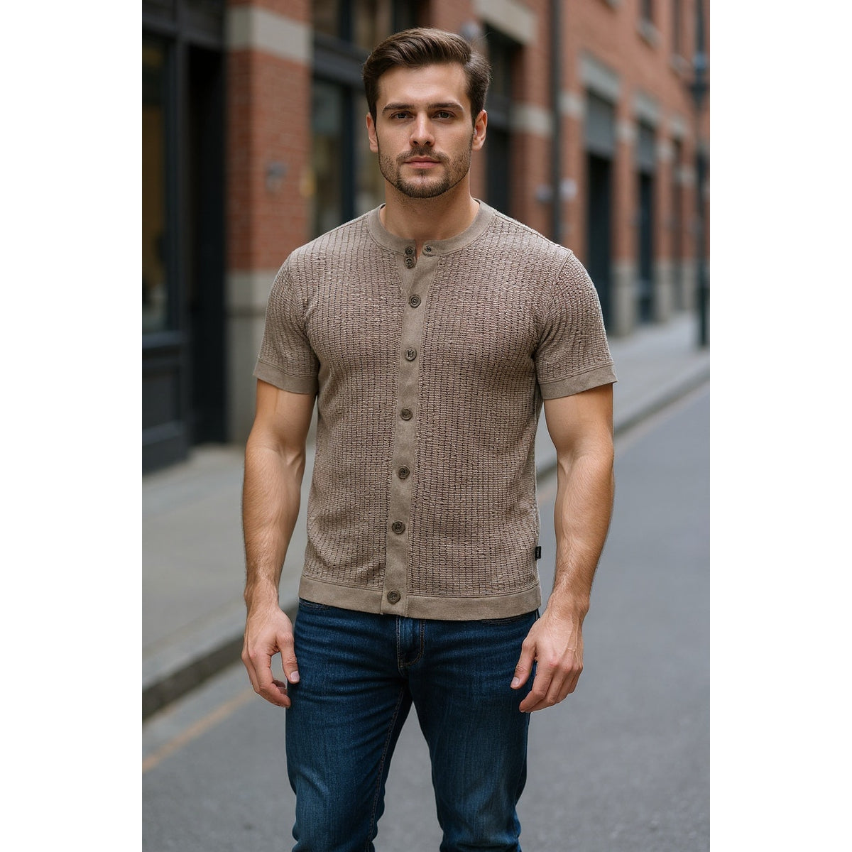DKNY Men’s Grid Sweater Camp Shirt Cafe Brown NWT Size M