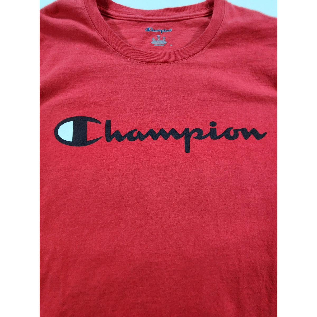 Champion Men's Long Sleeve T Shirt XL Red Script Logo Graphic Crew Neck Tee