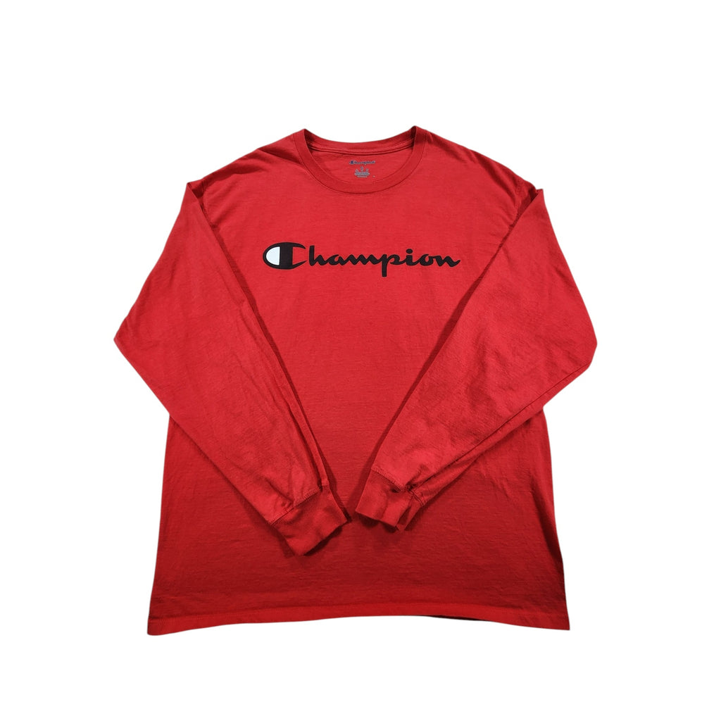 Champion Men's Long Sleeve T Shirt XL Red Script Logo Graphic Crew Neck Tee