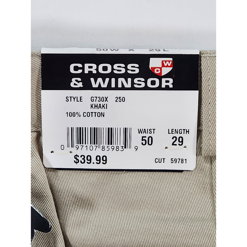 Cross & Winsor Khaki Chino Pants Mens 50x29 Stretch Comfort Waistband NWT