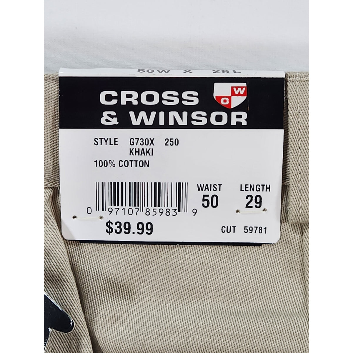 Cross & Winsor Khaki Chino Pants Mens 50x29 Stretch Comfort Waistband NWT