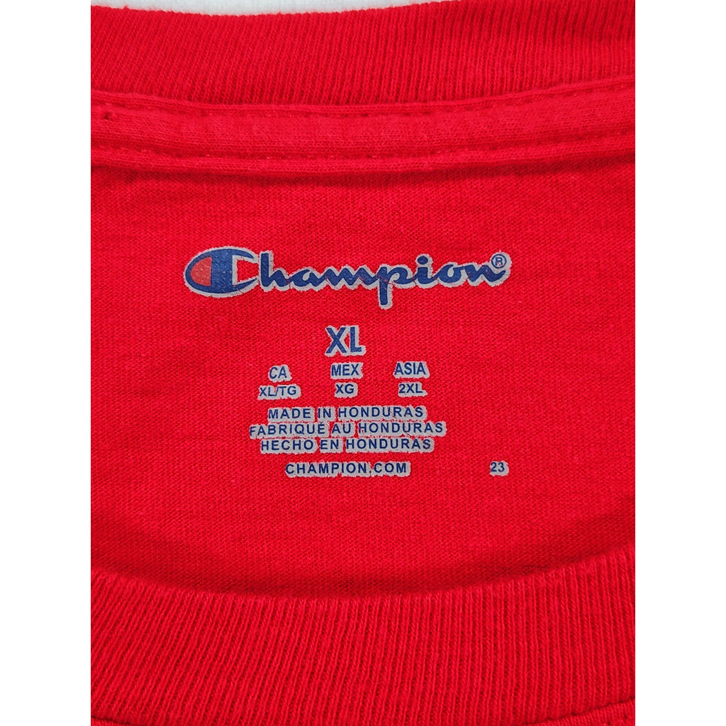Champion Men's Long Sleeve T Shirt XL Red Script Logo Graphic Crew Neck Tee