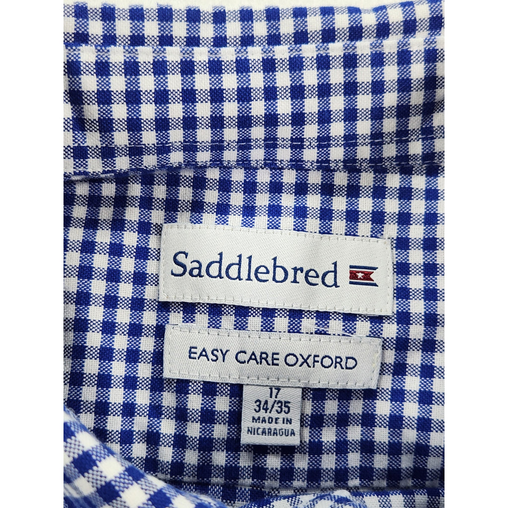 Saddlebred Men's Dress Shirt 17 34/35 Blue White Check Long Sleeve Button Up