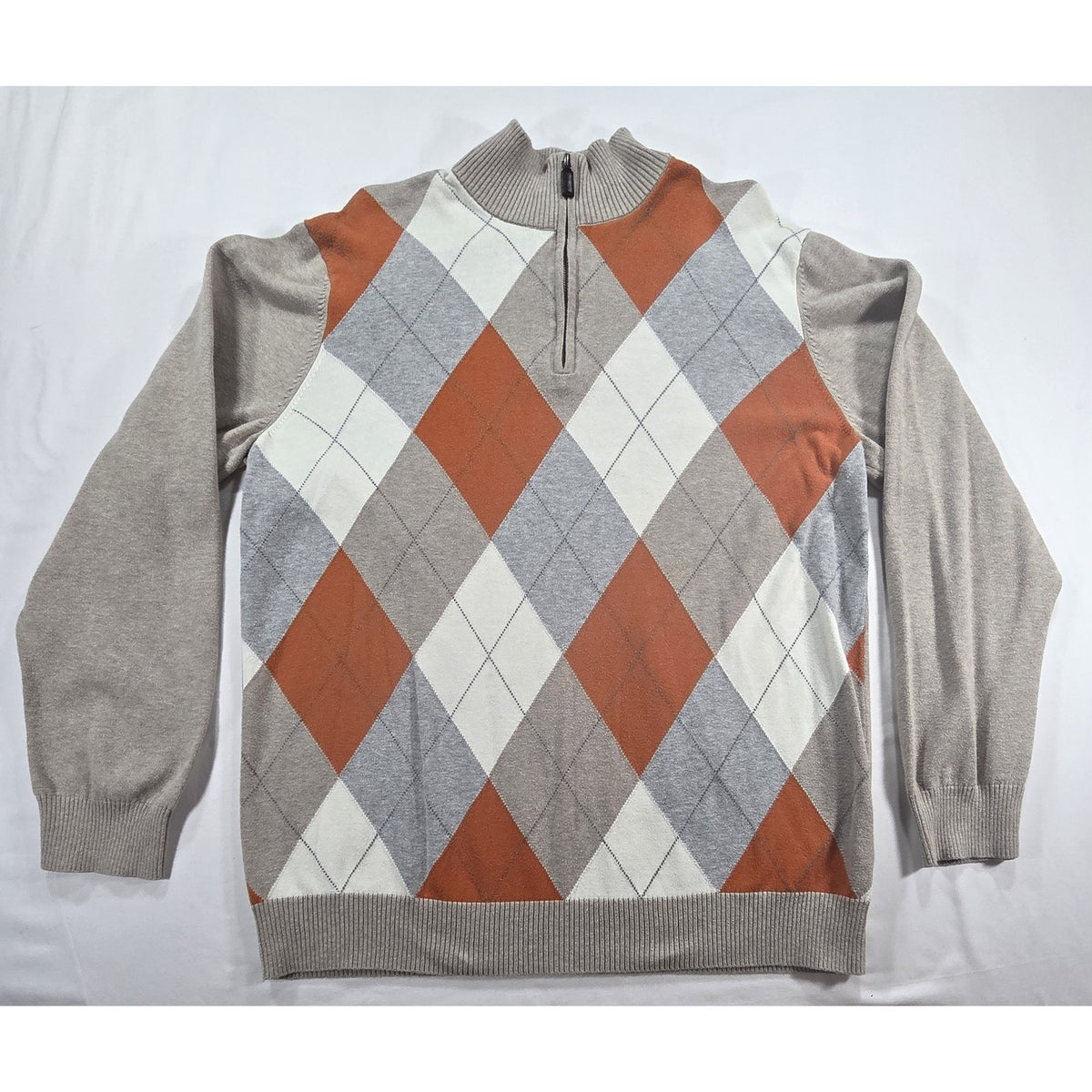 Old Navy Mens XL Argyle Quarter Zip Sweater Tan Orange Gray Mock Neck Preppy