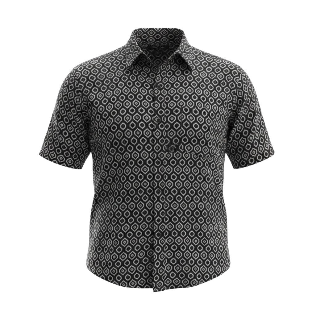 Shaquille O'Neal Men's Black Geometric Print Short Sleeve Button Up Shirt 3XLT
