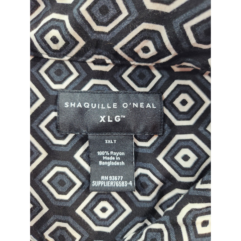 Shaquille O'Neal Men's Black Geometric Print Short Sleeve Button Up Shirt 3XLT