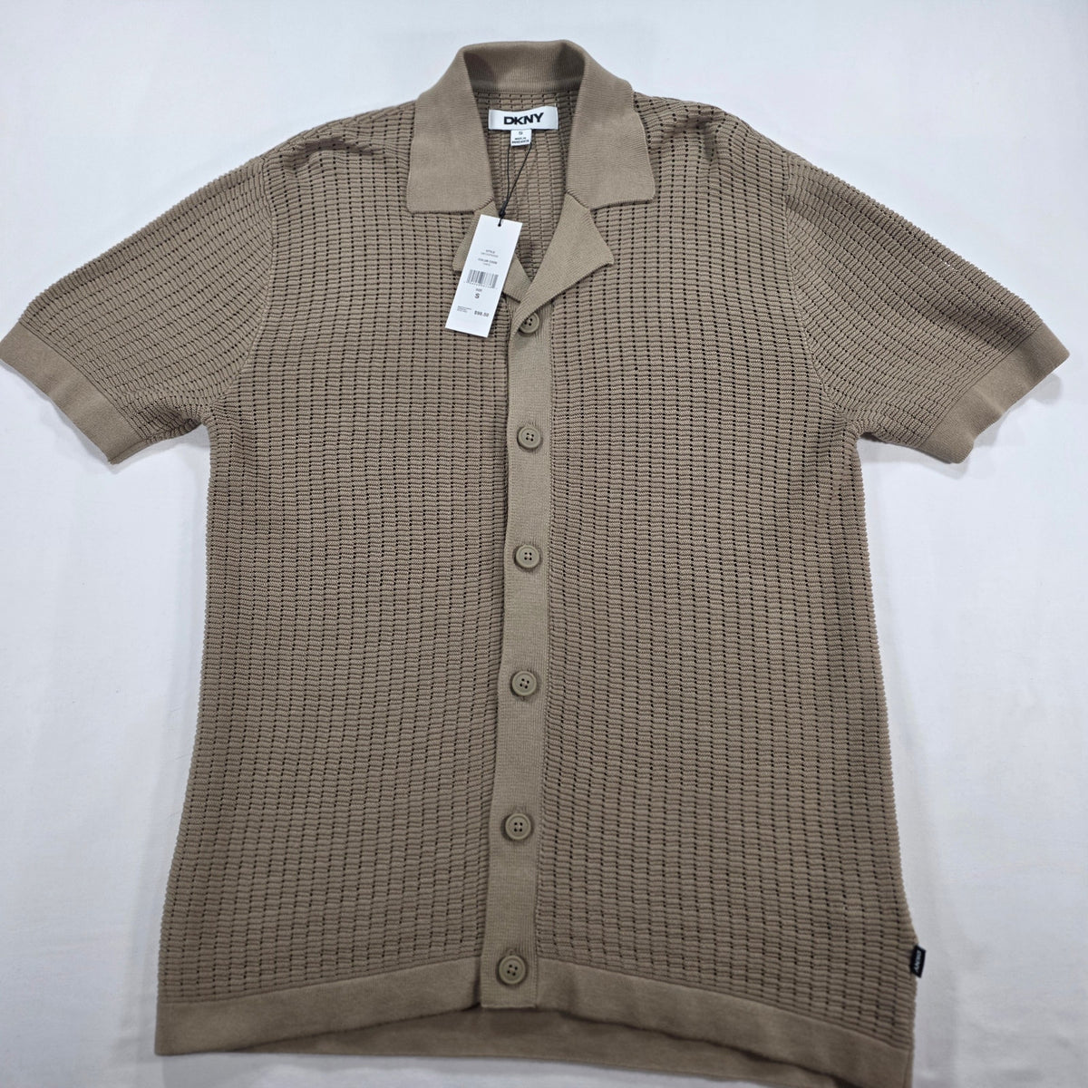 DKNY Camp Shirt Mens Small Brown Textured Knit Button Up Short Sleeve NWT