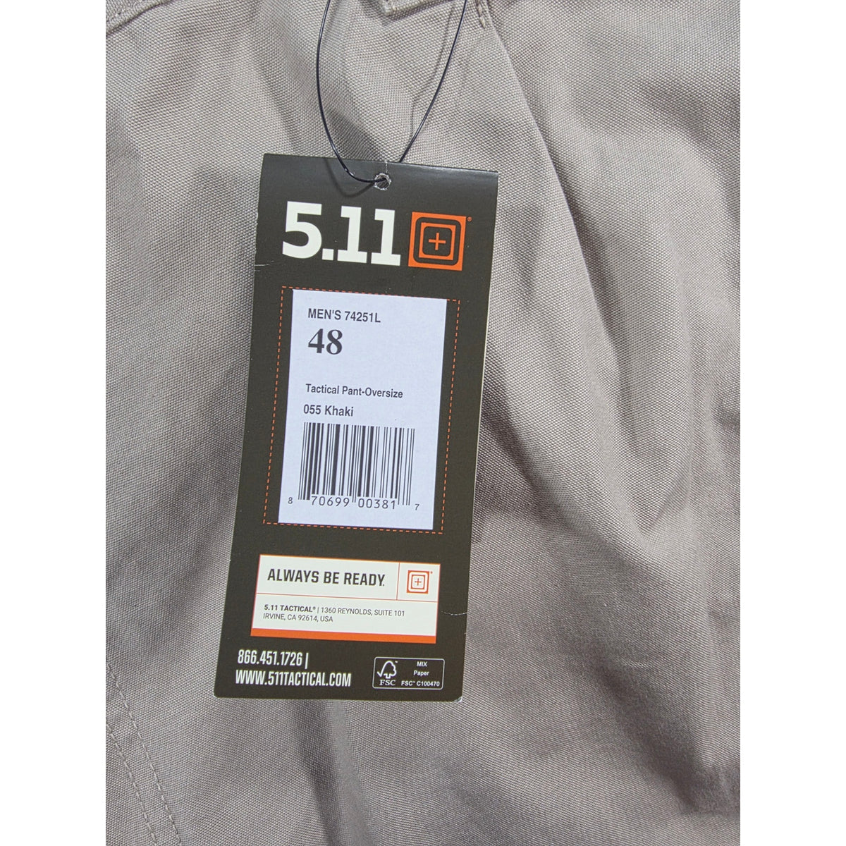 5.11 Tactical 74251 Original Mens 48L Khaki Cotton Cargo Work Pants NWT