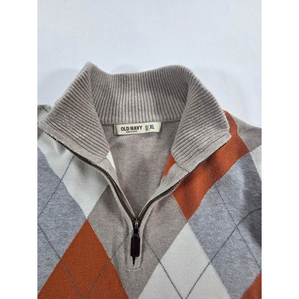 Old Navy Mens XL Argyle Quarter Zip Sweater Tan Orange Gray Mock Neck Preppy