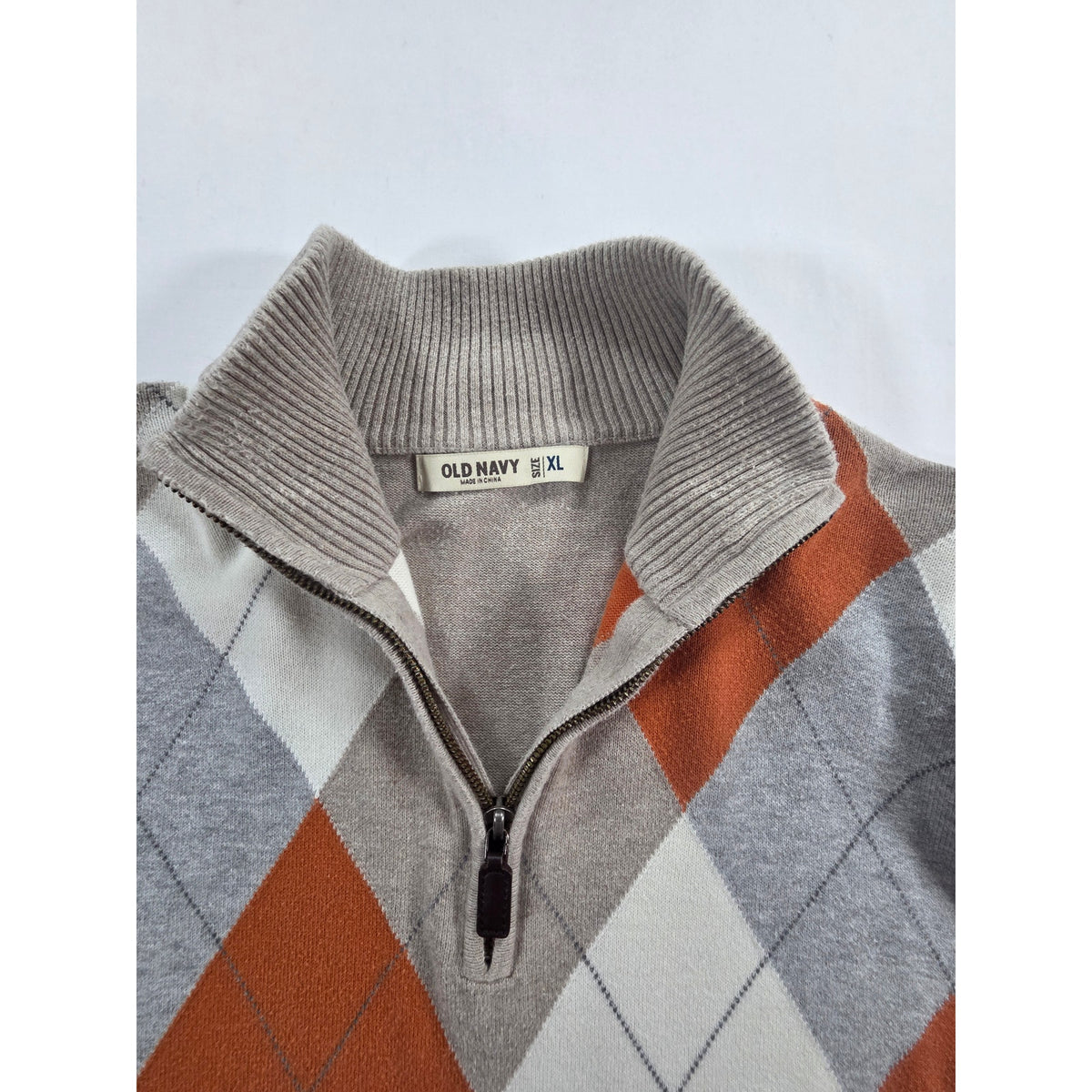 Old Navy Mens XL Argyle Quarter Zip Sweater Tan Orange Gray Mock Neck Preppy