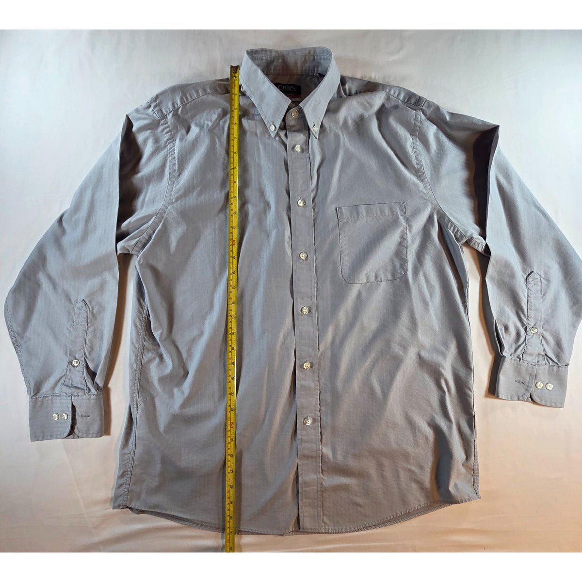 Chaps Mens Gray Herringbone Dress Shirt L 16-16.5 32/33 Wrinkle Free Regular Fit